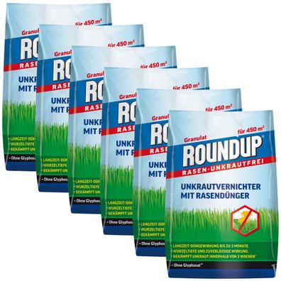 6 x Roundup® Rasen-Unkrautfrei 2in1, Unkrautvernichter mit Rasendünger, 9 kg