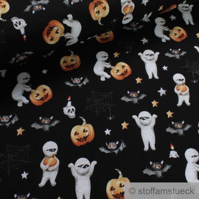 Stoff Kinderstoff Baumwolle Elastan Single Jersey schwarz Halloween Mumie