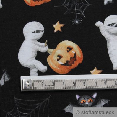0,5 Meter Kinderstoff Baumwolle Elastan Single Jersey schwarz Halloween Mumie