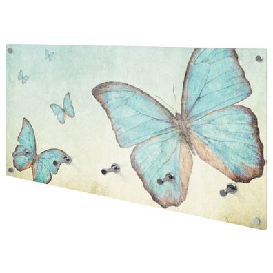 banjado® Garderobe Glas 5 Chromehaken Motiv Blaue Schmetterlinge