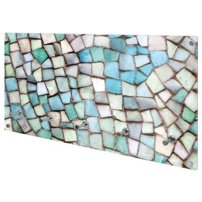 banjado® Garderobe Glas 5 Chromehaken Motiv Mosaik Blau