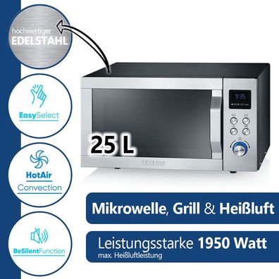 Mikrowelle Heißluft Grill Pizzafunktion 25 L Display Schwarz Silber 3in1 NEU
