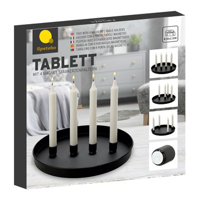 Tablett mit 4 Magnet Kerzenhaltern - ca. &Oslash; 30 cm - Kerzen Tablett in schwarz