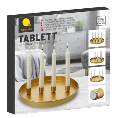 Tablett mit 4 Magnet Kerzenhaltern - ca. &Oslash; 30 cm - Kerzen Tablett in gold