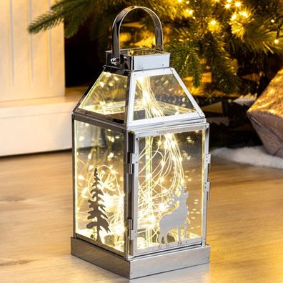 Edelstahl LED Glas Laterne Windlicht Weihnachten Batterie warmweiß B14xH26cm