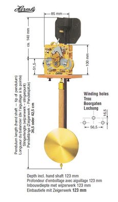 Federzugwerk FF Hermle, 14-Tage, Pendellänge 36,5 cm, mit Bim-Bam-Schlag