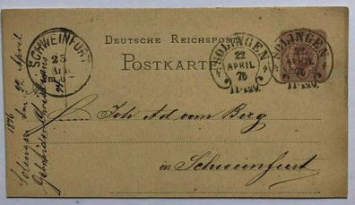 Reichspost 22 April 1876 - Ganzsache Nr 3 - Solingen mit 2 Hufeisenstempel