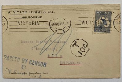 Australian Kangaroo and Map Series - 1918 to Switzerland with war Tax