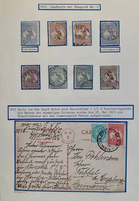 Australian Kangaroo and Map Series - Card 1913 to Niebüll / Germany + Stamps