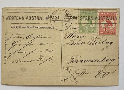 Australian Kangaroo and Map Series - 1914 Card to Germany - ( 1 d = Plate I )