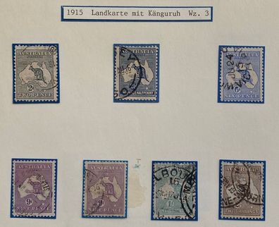 Australian Kangaroo and Map Series - 7 Stamps 1915 - Watermark 3