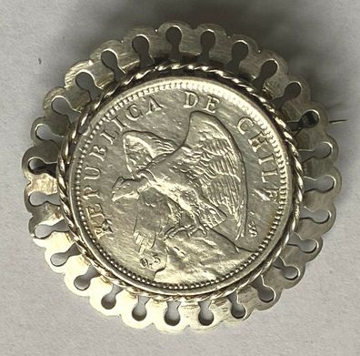 Münzschmuck - Brosche mit Silberfassung - Chile 1 un Peso 1927 - 500er Silber