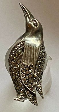 Brosche Pinguin - 835er Silber mit Markasiten - Vintage - Länge 5 cm