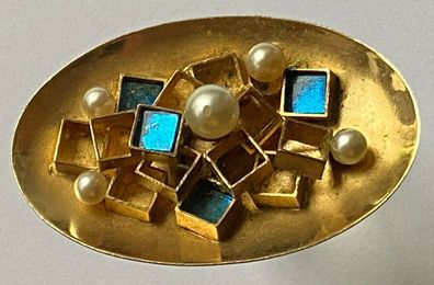 Art Deco - interessante Brosche mit 5 Perlen und 4 blauen, klaren Steinen - 5 cm