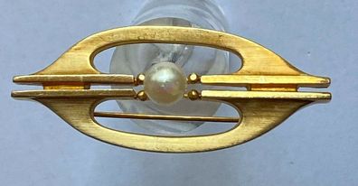 Art Deco - Brosche Double ( vergoldet ) mit Perle mit Herstellerpunze - 5 cm