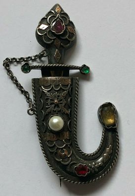 Brosche Silber als jemenitisches Schwert - besetzt mit Granat, Perle, Citrin