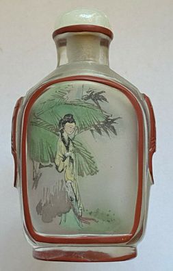 Snuff bottle - China, 20. Jh. mit Hinterglasmalerei zweier Szenen Geisha, Reiher