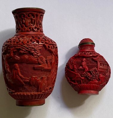 Rotlack China - 2 Arbeiten - Vase und Snuff-Bottle um 1900 - 6,5 - 10 cm