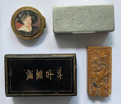 4 antike Sammlerdosen / Pillendosen um 1900 - aus Asien und Europa