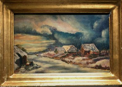 Öl auf Platte - Winterlandschaft / Dorf um 1850 - meistelich in Szene gesetzt