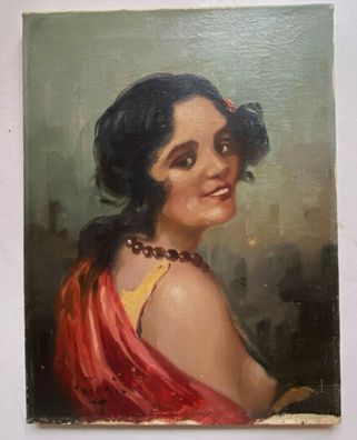 Meisterliches Ölgemälde um 1850 - Junge Dame mit offener Brust und Perlenkette