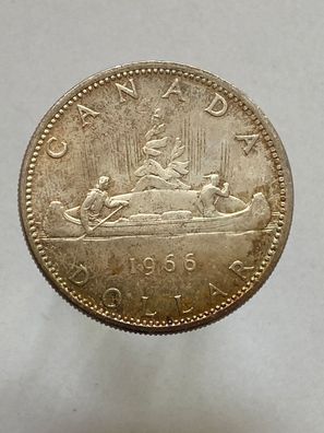 Kanada 1 Dollar Silbermünze 1966 - Elisabeth II., Kanu, Indianer