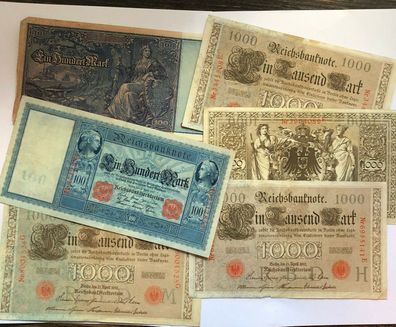 Sammlung Reichsbanknoten - 4 x 1000 Mark 1910 und 2 x 100 Mark 1910