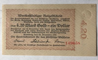 Südöstliches Westfalen - Wertbeständiger Notgeldschein 1923 - 4,20 Mark Gold