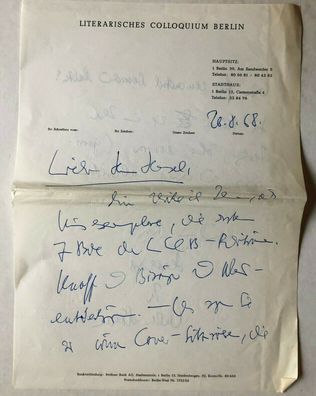 Walter Höllerer an Georg Hensel - signierter Brief 26.8.1968 - 28 x 21 cm