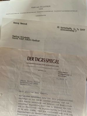 Wolf Jobst Siedler - Verleger- 2 Briefe an Georg Hensel + Durchschlag von Hensel