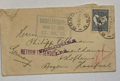 Australian Kangaroo and Map Series - to Germany 2 1/2 d - War Returned Letter
