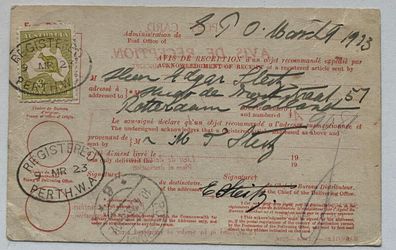 Australian Kangaroo and Map Series - Return Receipt - Perth / Rotterdam 1923