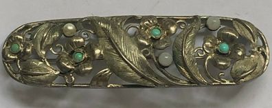 Brosche Art Deco 835er Silber mit Türkis und Perlen - Gewicht 8,9 Gramm