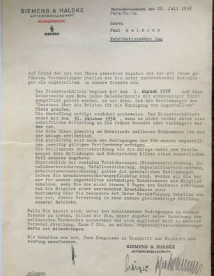 Siemens & Halske - original signierter Anstellungs-Vertrag vom 22. Juli 1938