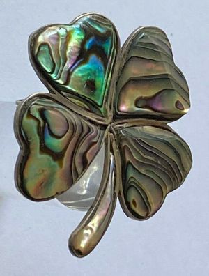 Brosche 925er Silber - großes Kleeblatt farbiges Perlmutt - Länge 4,5 cm