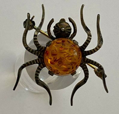 Brosche - 835er Silber - Spinne mit Bernsteinkörper - ca 30er Jahre - 3,5 cm