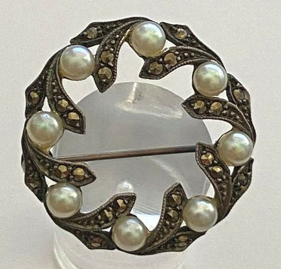 Brosche 835er Silber mit Perlen und Markasiten 30er Jahre - 3 cm