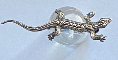 Brosche - hübsche Eidechse mit Markasiten - Antik 835er Silber - 6 cm