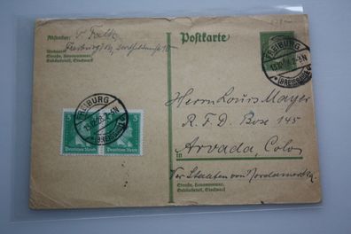 Deutsches Reich Ganzsache mit Zusatzfrankatur - Freiburg auf Arvada U.S.A. 1928
