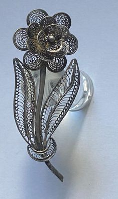 Art Deco - Blumen Brosche - 835er Silber - feine Durchbrucharbeit - 7 cm