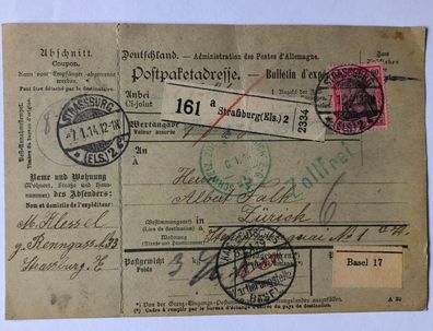 Deutsches Reich 7.1.1914 - 80 Pf EF auf Paketabschnitt Straßburg auf Zürich