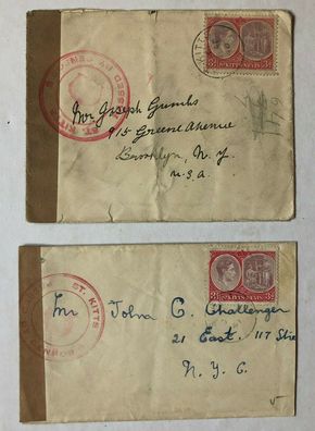 St Kitts Nevis - 1938, 3d - 2 Covers - 1940/41 - Passed by Cencor auf U.S.A.