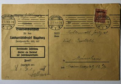 Deutsches Reich - Bezirk Augsburg 7.3.1928 - EF Michel 112 auf München