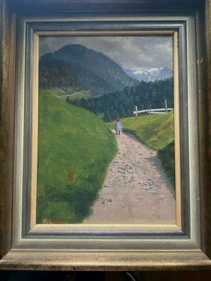 Liebliche Malerei - Schulkind / Natur-Bayern um 1930- Öl auf Platte - Signiert