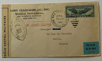 Air Mail PAN AM 1940 by Yankee Clipper - USA ( NY ) - Lisboa to France Paris