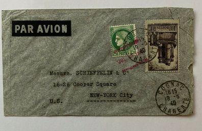 Air Mail 1940 - Cognac / Charente to New York ( USA ) Return to Sender