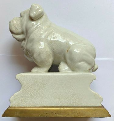 Bulldogge - Antike, schwere Porzellanfigur auf Bronze mit Wappen von 1895