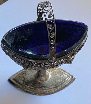 Henkelkörbchen 800er Silber mit Glaseinsatz blau - Frankreich Besancon um 1820
