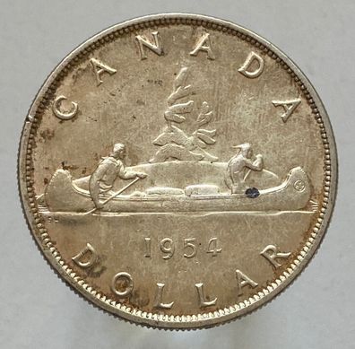 Kanada 1 Dollar Silbermünze 1954 - Elisabeth II., Kanu / Indianer
