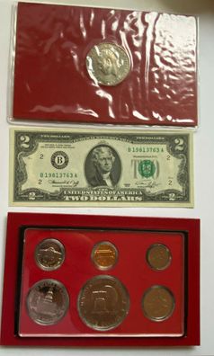 Sammlung von13 Münzen + 2 US-Dollar Schein - Polierte Platte und Stempelglanz